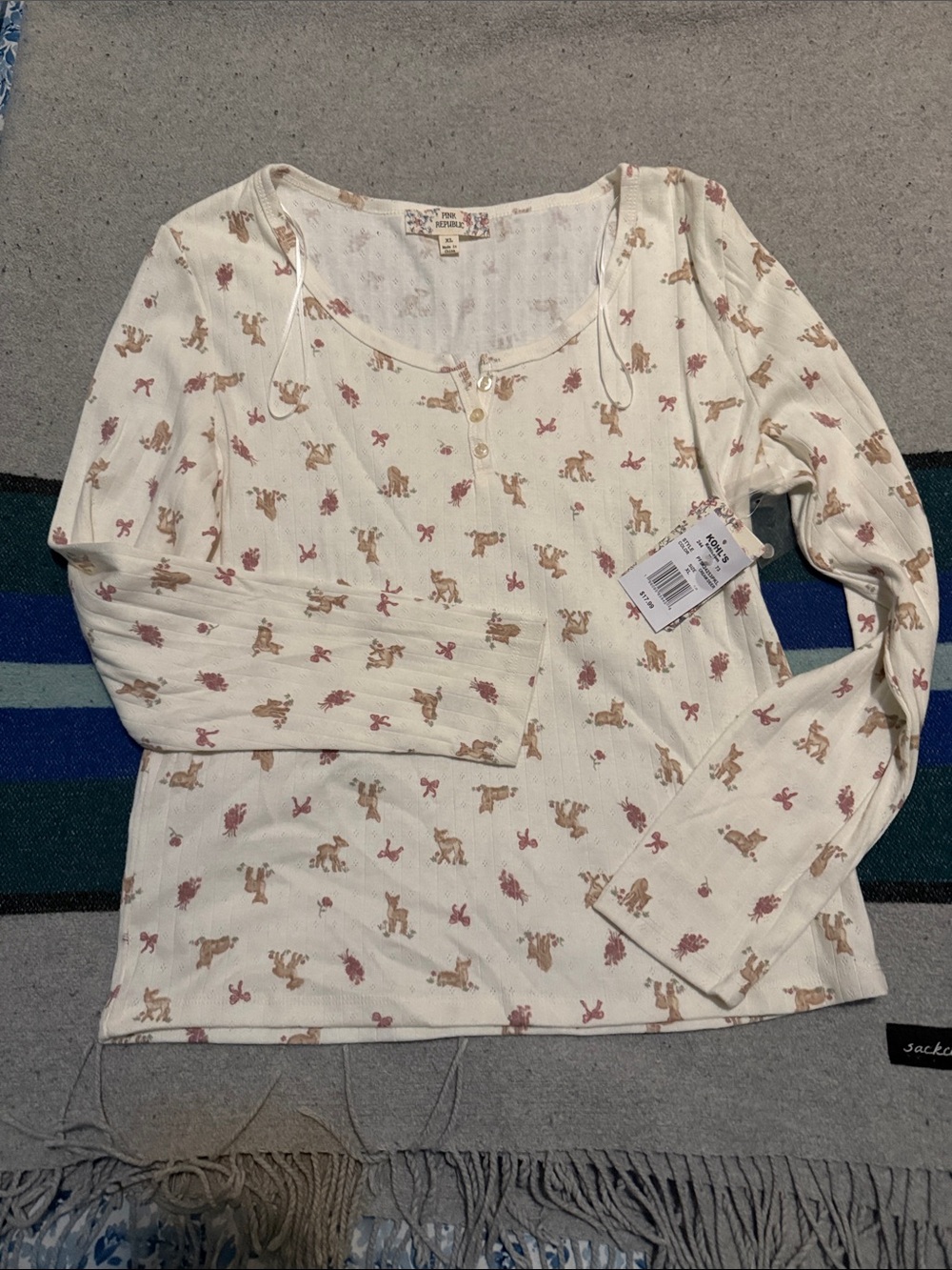Pink republic Cream Long-Sleeve Henley Top with Pink Floral & Tan deer Motif